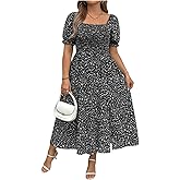 Verdusa Women's Plus Size Boho Floral Long Dress Square Neck Shirred Flowy Wedding Guest Dresses