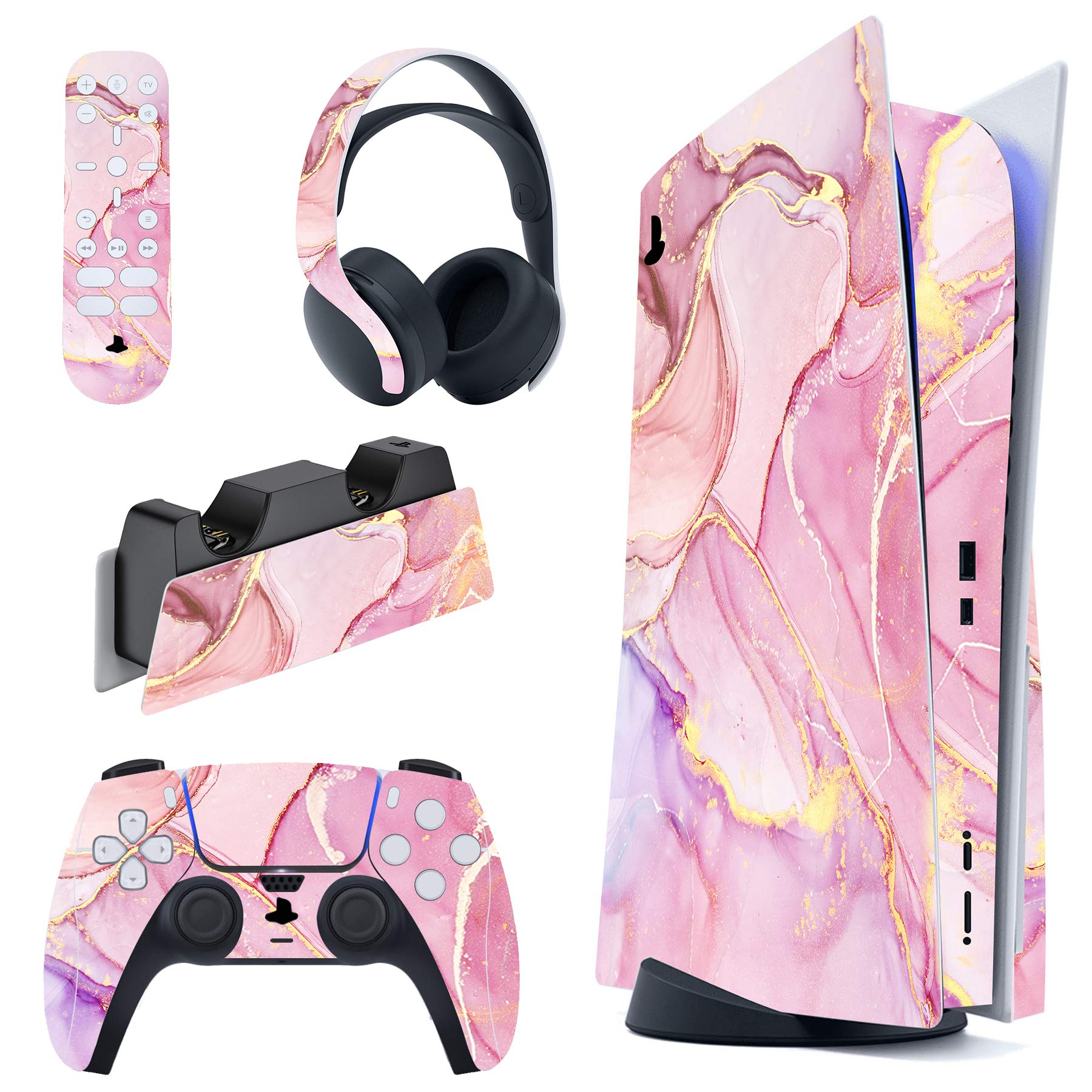 Cosmic Pink Gold Marble Effect Full Set Skin Decal for ps5 Console Disc Edition, Sticker Cover for ps5 Controller & Charging Station & Headset & Media Remote
