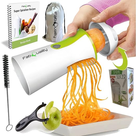 FabQuality Premium Espiralizador vegetal ESPECIAL VERANO Veggetti espiral Slicer Paquete completo - Bono Gratis - Cortadora de verduras Zucchini fideos Pasta Spaghetti mejorado espiral Spiralizer Slicer Maker Spiraliser