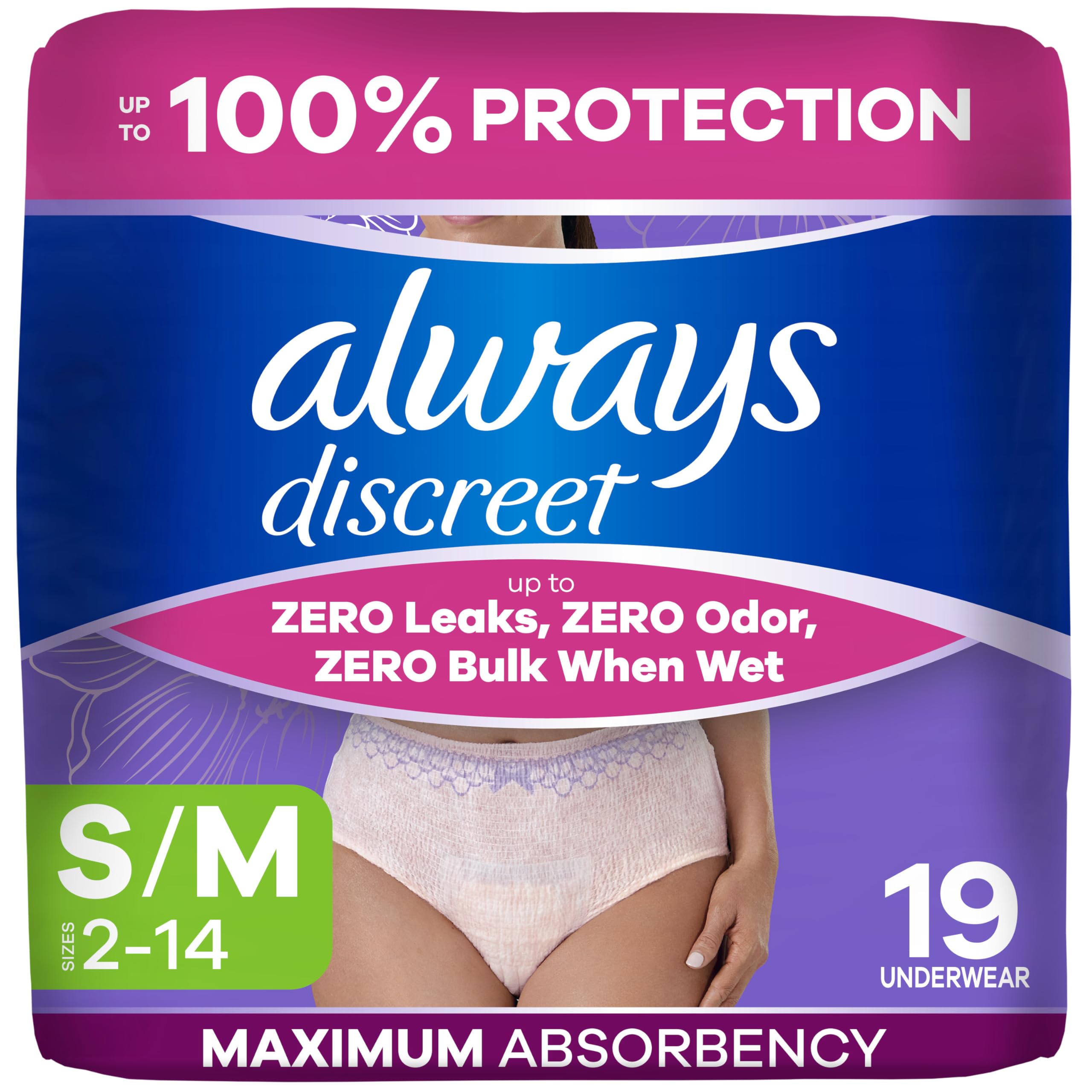 Always Discreet, Incontinence Underwear for Women, Maximum Classic Cut, Small/Medium, 19 Count