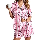 Kallenorox Womens Silky Pajama Sets Short Sleeve Loungewear 2 Pcs Satin Soft Pj Sets Button Down Women's Summer Sleepwear