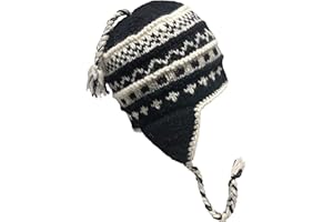 Nepal Hand Knit Sherpa Hat with Ear Flaps, Trapper Ski Heavy Wool Fleeced Lined Cap