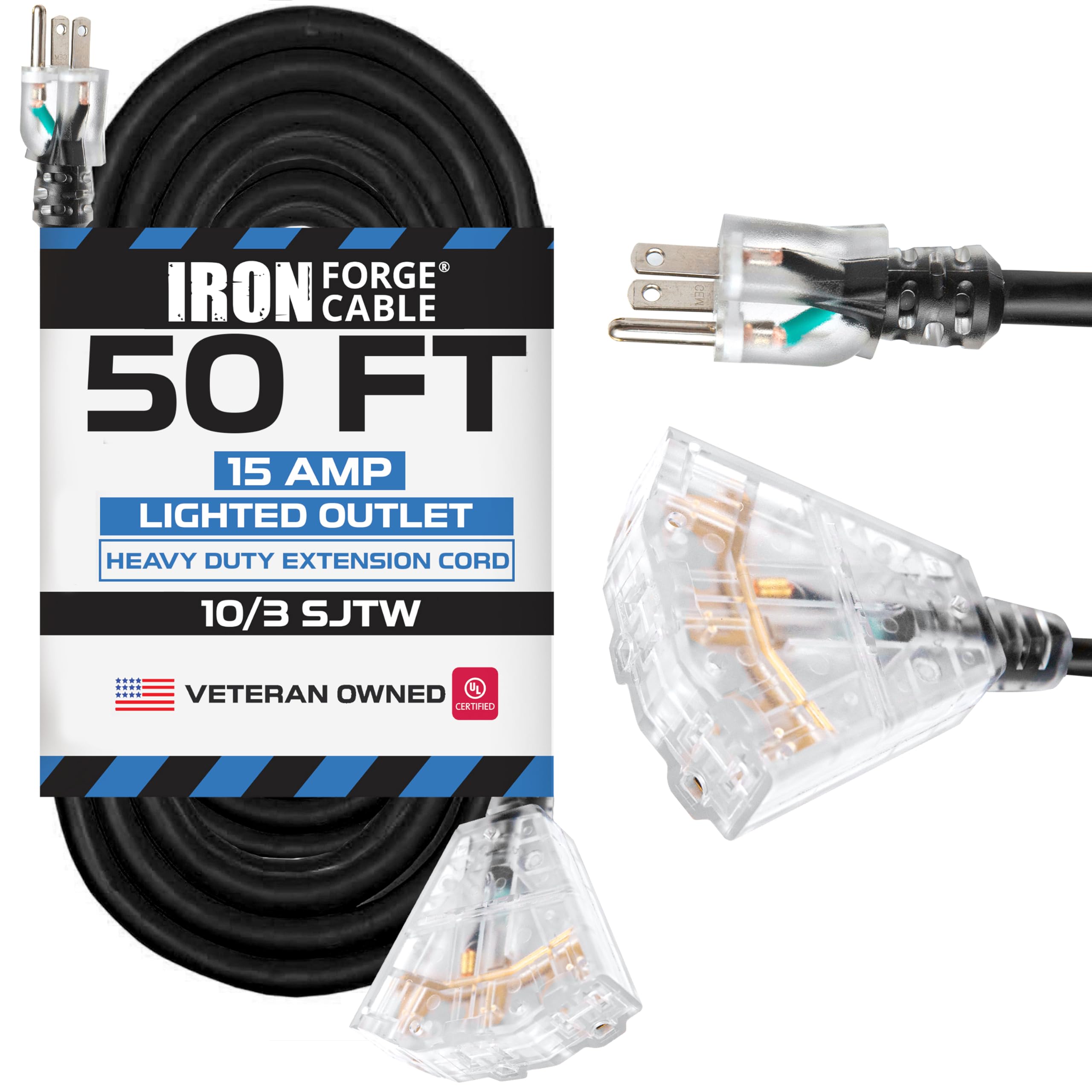 Photo 1 of Iron Forge Cable 10 Gauge Extension Cord 50 ft with 3 Outlets, SJTW 10/3 Heavy Duty Outdoor Extension Cord with Multiple Outlets, 3 Way Black Electrical Wire for Major Appliance & Air Conditioner