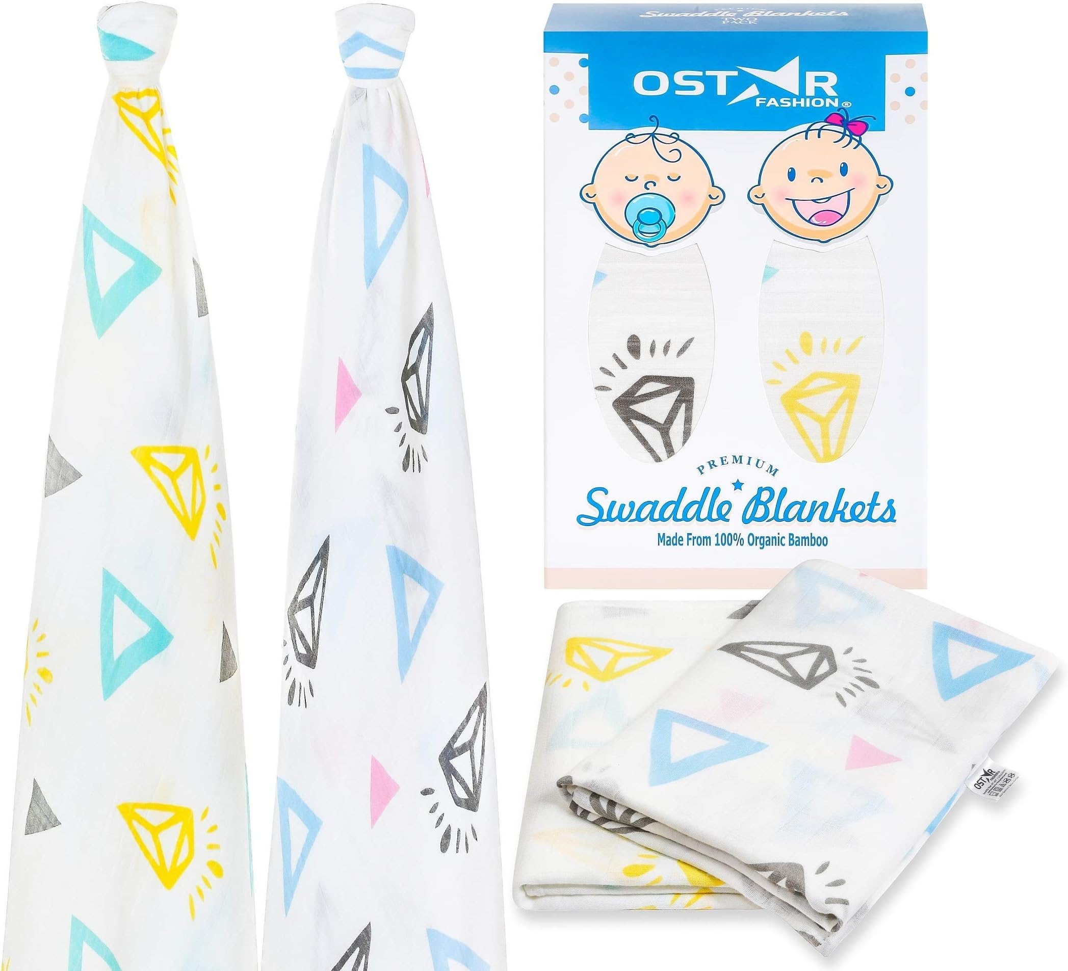 Muslin-Swaddle-Blankets-100%-Organic-Bamboo-Unisex Fabric for-Baby-Boys & Girls | Gender Neutral Design for Newborns & Infants | Soft Lightweight Breathable Receiving, Burping, Stroller Cloth 47x47”