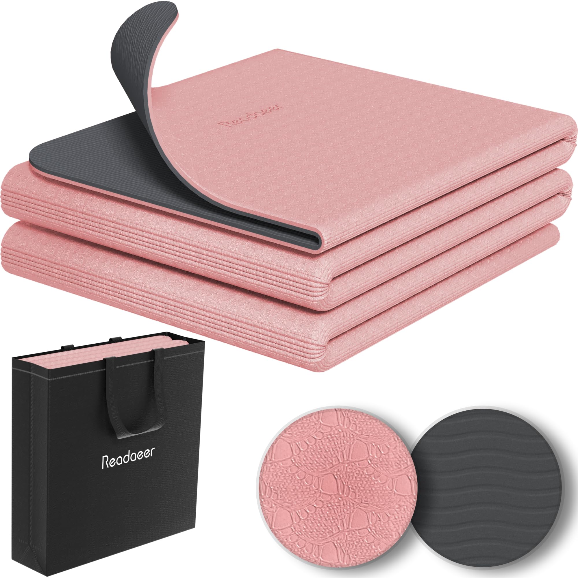 Photo 1 of Readaeer Foldable Yoga Mat for Travel Folding Yoga Mat 6mm Thick with Carrying Bag, Non-Slip TPE Exercise Pilates Mat for 72" L x 24" W x 0.24 Inch (Pink)