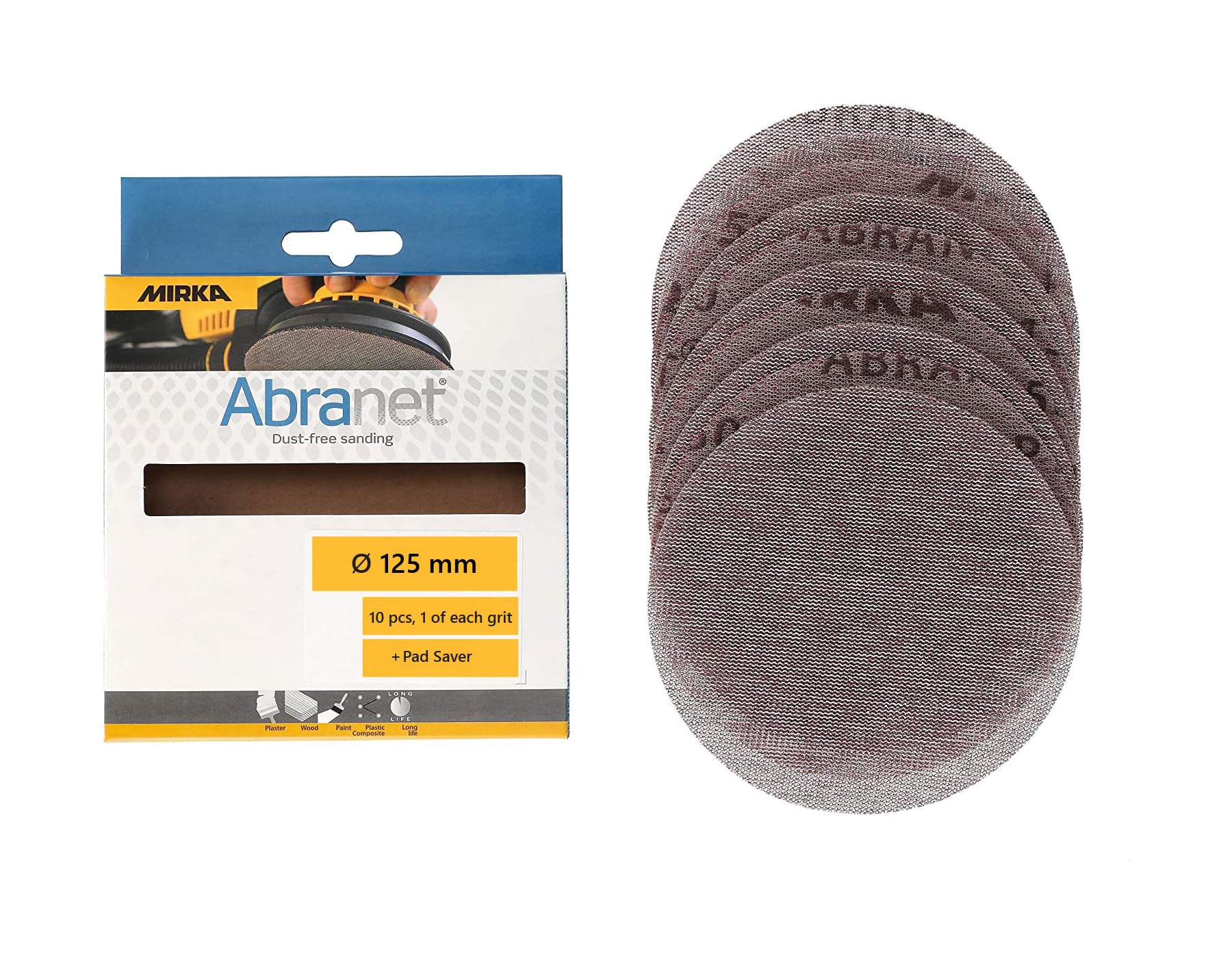 Mirka Abranet net sanding discs Ø 125mm Hook & loop/Mix-pack 1 pc of each grain P80 - P600 + protective disc / 10 pcs/For all 125 mm orbital sanders and grinders