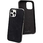 Wilken Leather Slim Phone Case Compatible with iPhone 15 Pro Max | Compatible with MagSafe & Wireless Charging | Premium Top-Grain Leather Cover with Metal Buttons (15 Pro Max, Black)