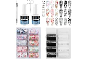 Kalolary 30ML Nail Foil Glue Gel with 20Pcs Foil Transfer Stickers Set, Starry Sky Lace Flower Transfer Stickers DIY Decoration for Salon or Home Use
