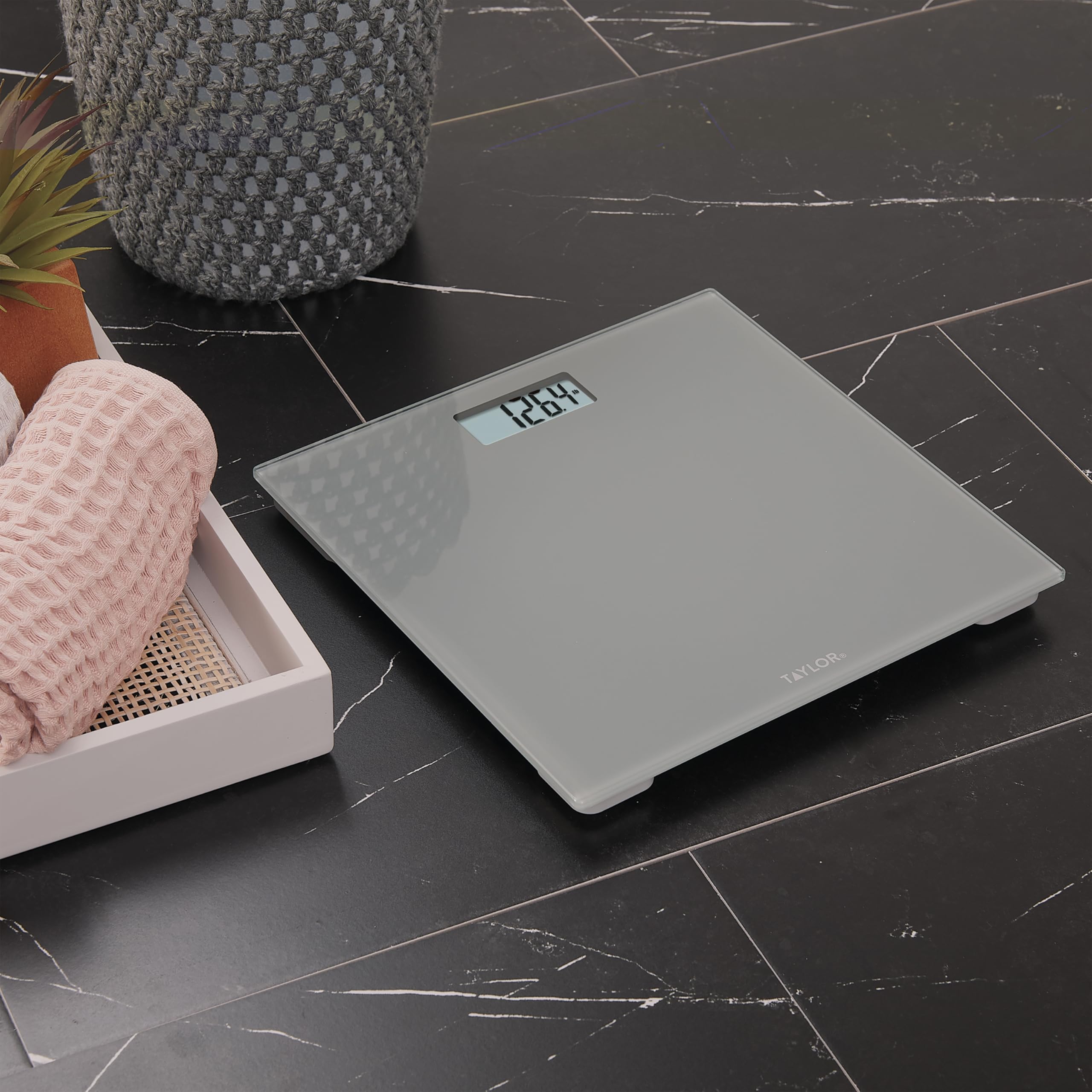 Taylor Digital Scales for Body Weight, Highly Accurate 350 LB Capacity Bathroom Scale, 11.0 x 11.0 Inch Durable Glass Platform, Battery Powered, Easy to Read, Gray