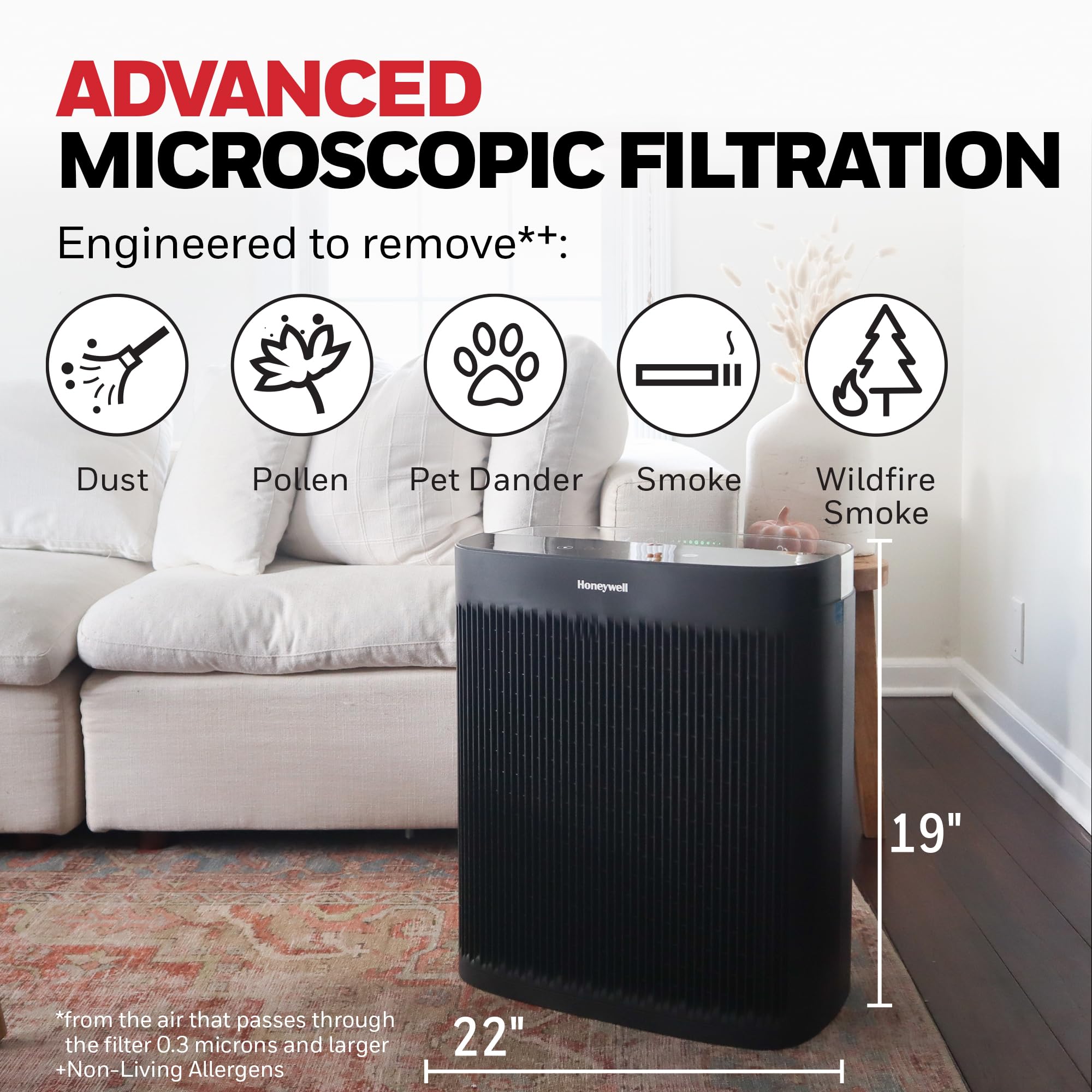 Honeywell Allergen Plus HEPA Air Purifier for Home Large Rooms up to 2400 Ft², Air Quality Monitor, Auto Mode, Reduces Allergens, Pollen, Pet Dander, Odors, Smoke, Black, HPA5300B