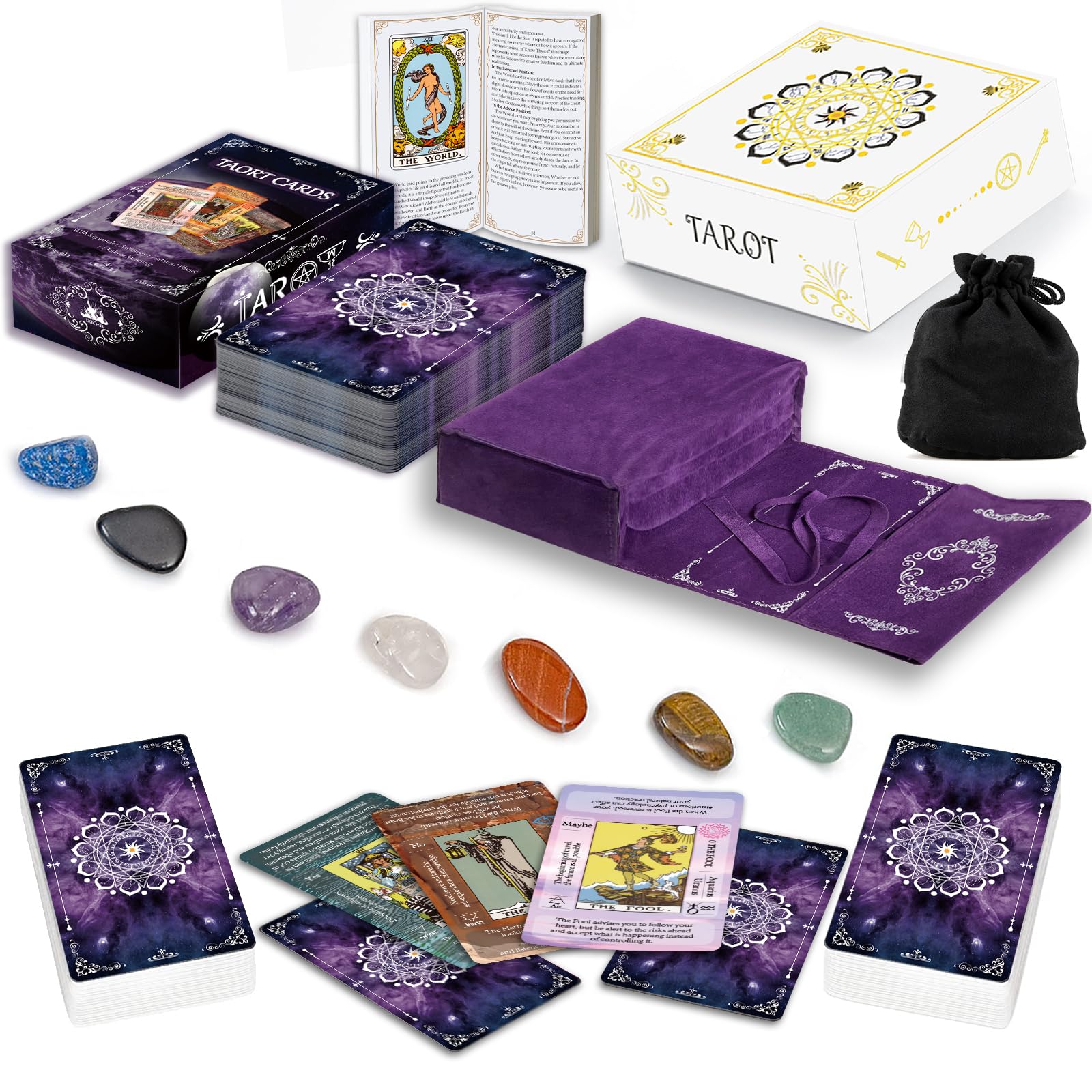 IXIGER Tarot Cards Set with Guide Book, Tarot Deck with Meanings, Learning Fortune Telling Game with Velvet Bag and Chakra Stone