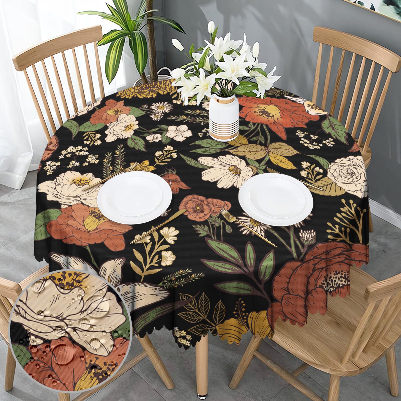 GthreeD Table Cloth Round 150cm Wipeable Tablecloths Waterproof Stain-resistant Polyester Outdoor Floral Tablecloths for Cafe Restaurant Picnic Garden Decoration