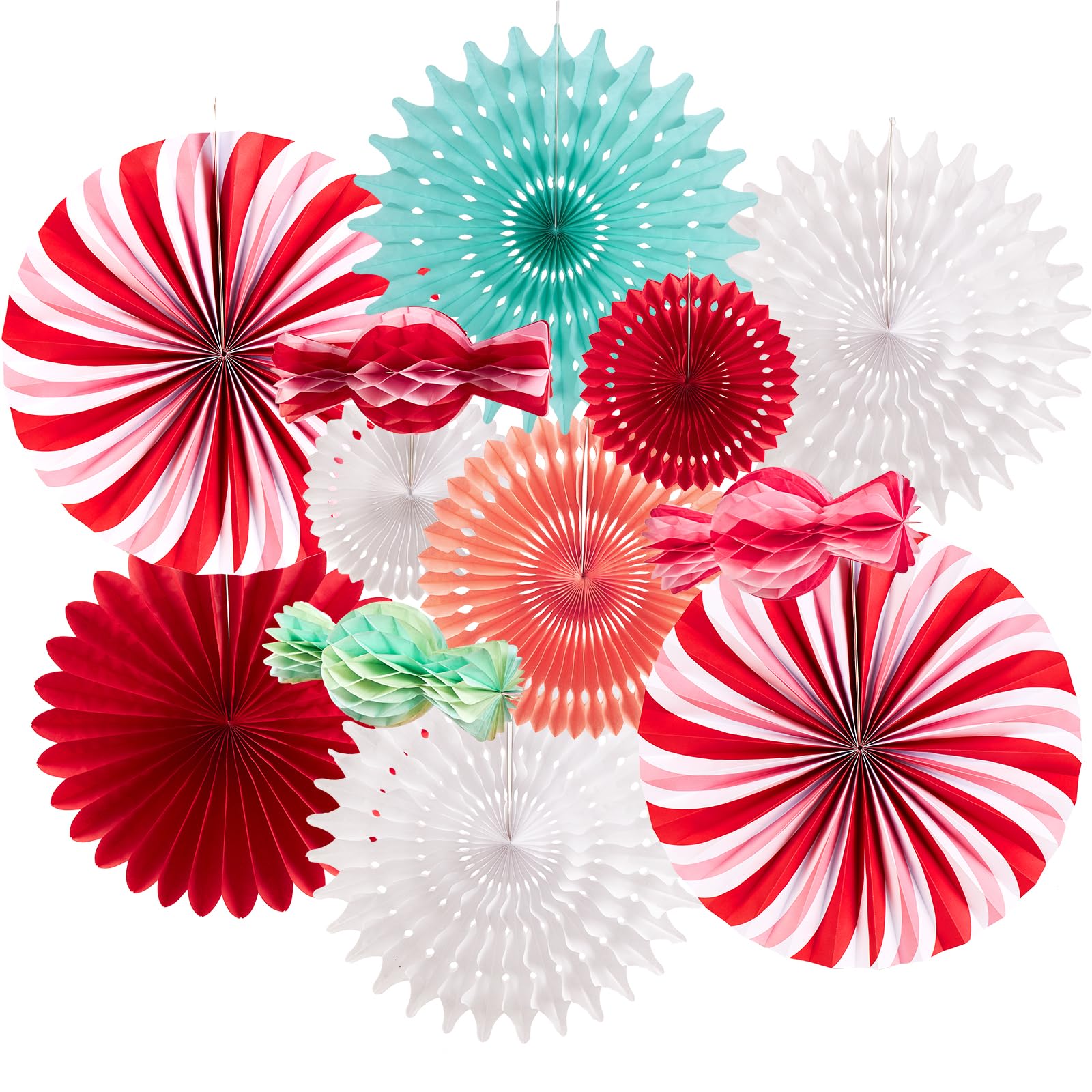 SUNBEAUTY Candy Party Decorations Pastel Paper Fans Decorations Hanging Paper Fans with Candy Red and Green Hanging Ceiling Wall Decor for Children Birthday Party Backdrop Classroom Decorations