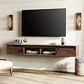 WAMPAT Floating TV Stand for TVs up to 80 Inch, Wood Entertainment Center with Charging Station, Sliding Barn Door Floating TV Shelf for Living Room,Rustic Brown