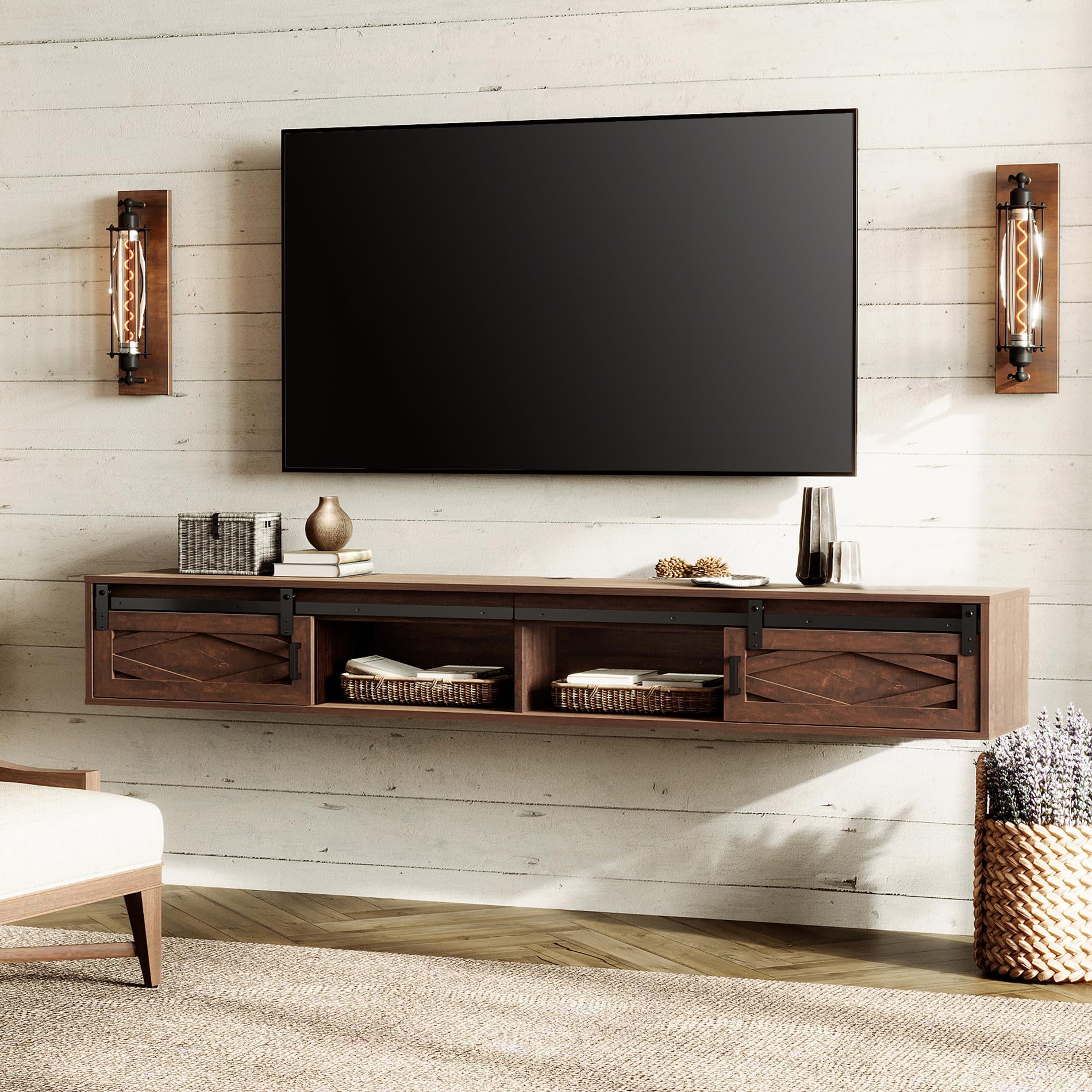 Photo 1 of *****The product dimensions are unknown*****WAMPAT Floating TV Stand for TVs up to 80 Inch, Wood Entertainment Center with Charging Station, Sliding Barn Door Floating TV Shelf for Living Room,Rustic Brown