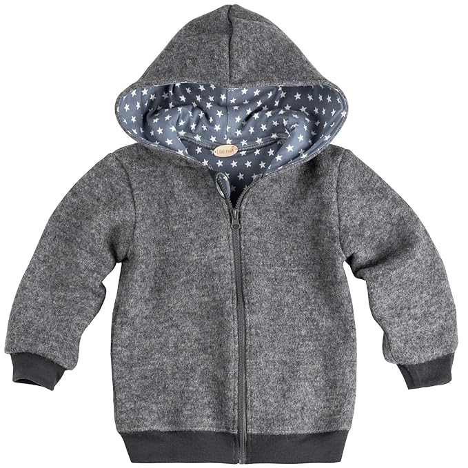 Lilakind Kinder Jacke Wolljacke Kapuzenjacke Walkjacke Reißverschluss Grau meliert Innenfutter mit Sternchen Gr. 74/80-134/14