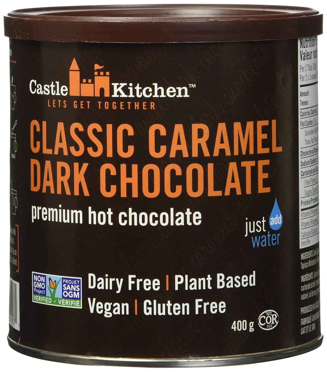 Castle Kitchen Classic Caramel Dark Chocolate - Dairy-Free, Vegan Premium Hot Chocolate Mix - Just Add Water - 14 oz