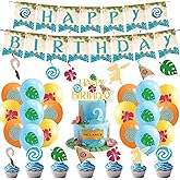 Hawaiian Style Birthday Party Decorations Set, Happy Birthday Party Pack with Banner, Balloons, Cupcake Toppers, Tropical