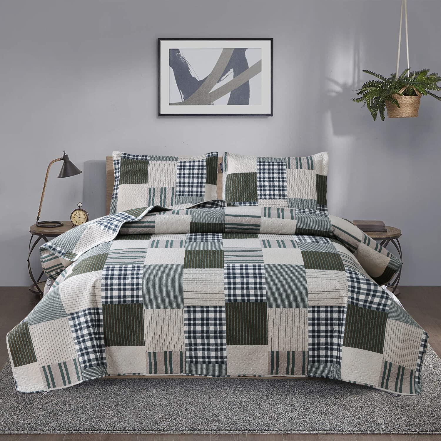 Photo 1 of Jessy Home Bedspread Set King Size Quilt Set Bedding Lightweight Bedspread Plaid Patchwork Bedding Reversible Quilt Stripe Line Style Mens Quilts Coverlet Soft Breathable Bedspread King Bed