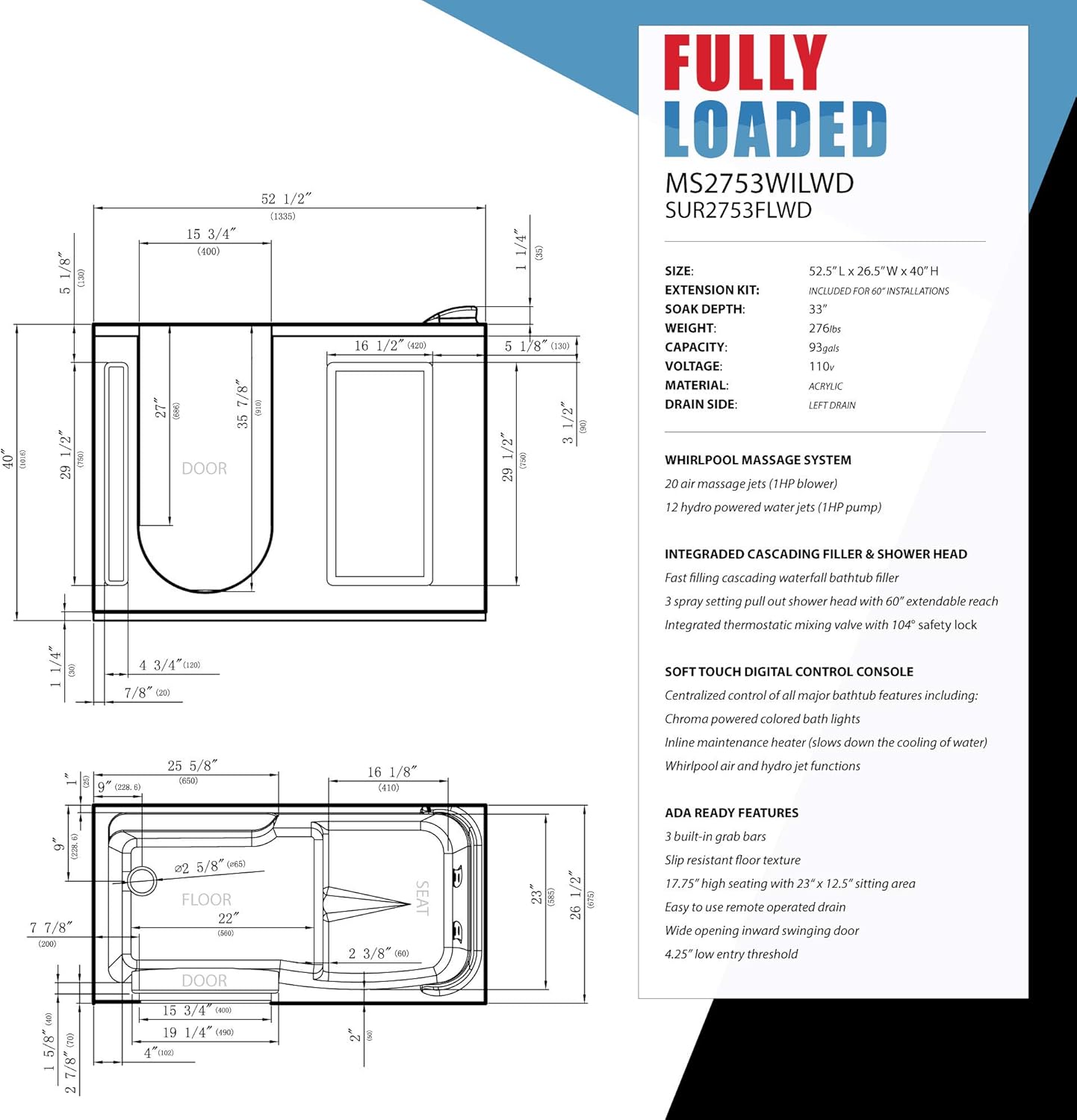 ANZZI 27” x 53” Left Drain WalkIn Wide Opening Swinging Door Whirlpool