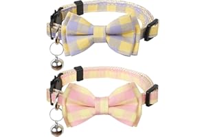 BANMODER Cat Collar Breakaway with Bells,Cute Cat Bow Tie,2 Pack Safety Plaid& Flower Kitten Collar for Girl Boy Male Cats (Yellow & Pink)