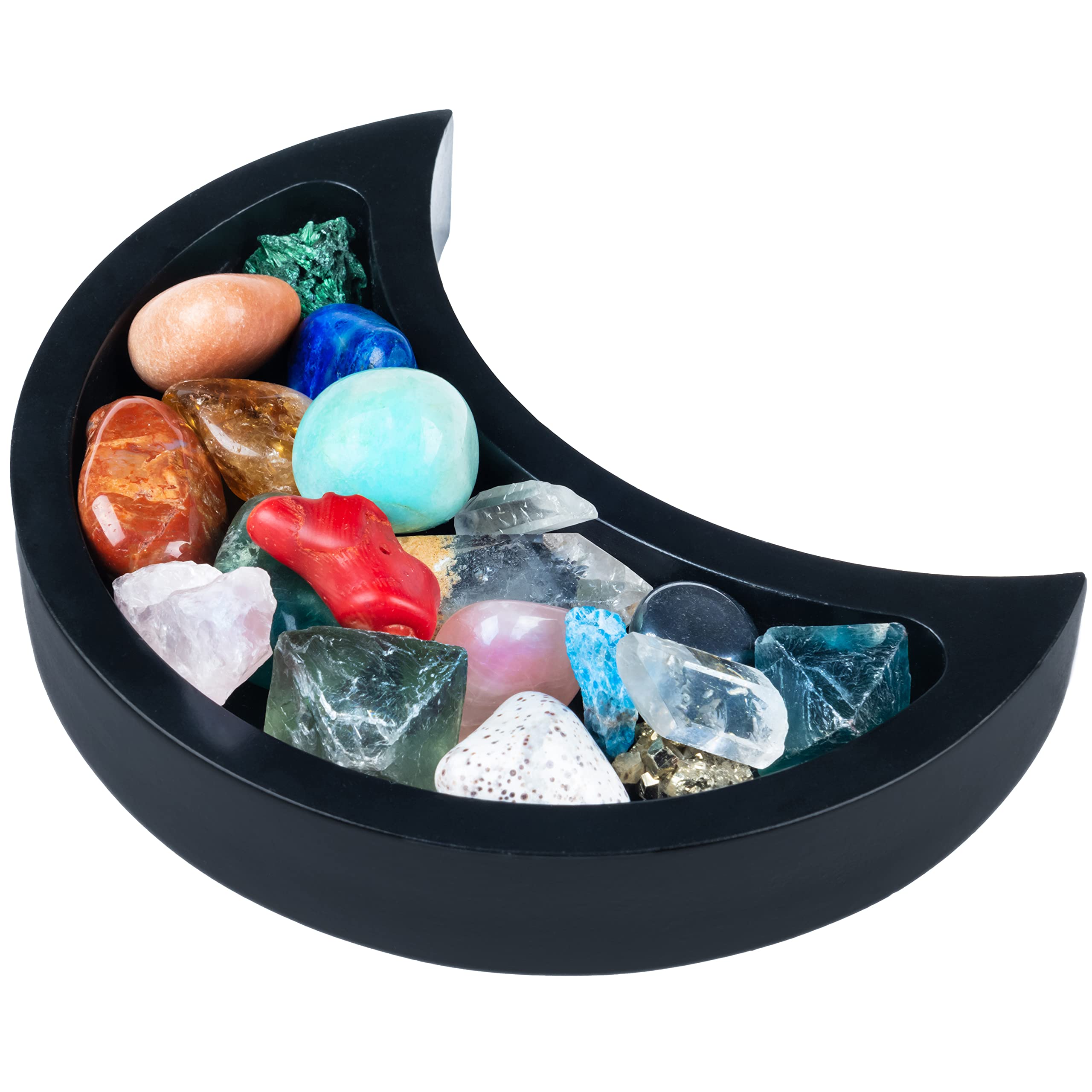 Curawood Crescent Moon Tray for Crystals - Showcase Your Crystals & Healing Stones - 15cm Black Wooden Crystal Holder for Stones Display - Crystal Tray for Storage - Rock Display Case Organiser