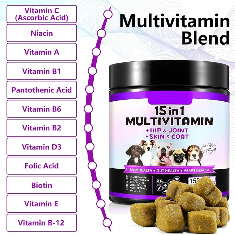 15 em 1 multivitamínico, 150 vitaminas mastigáveis para cães, suplementos para ancas e articulações, sistema imunitário, pelo e pelo, todas as idades e raças, sabor a pato — foto 3 de 7