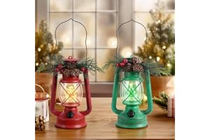 GLEXPFESTI 2 Pack Christmas Decorative Lanterns Vintage Lantern with Xmas Ornament Themed Light Wick Dimmable Battery Operated Lantern Hanging Decor for Indoor Outdoor Table Holiday Party Decoration (Red+Green)