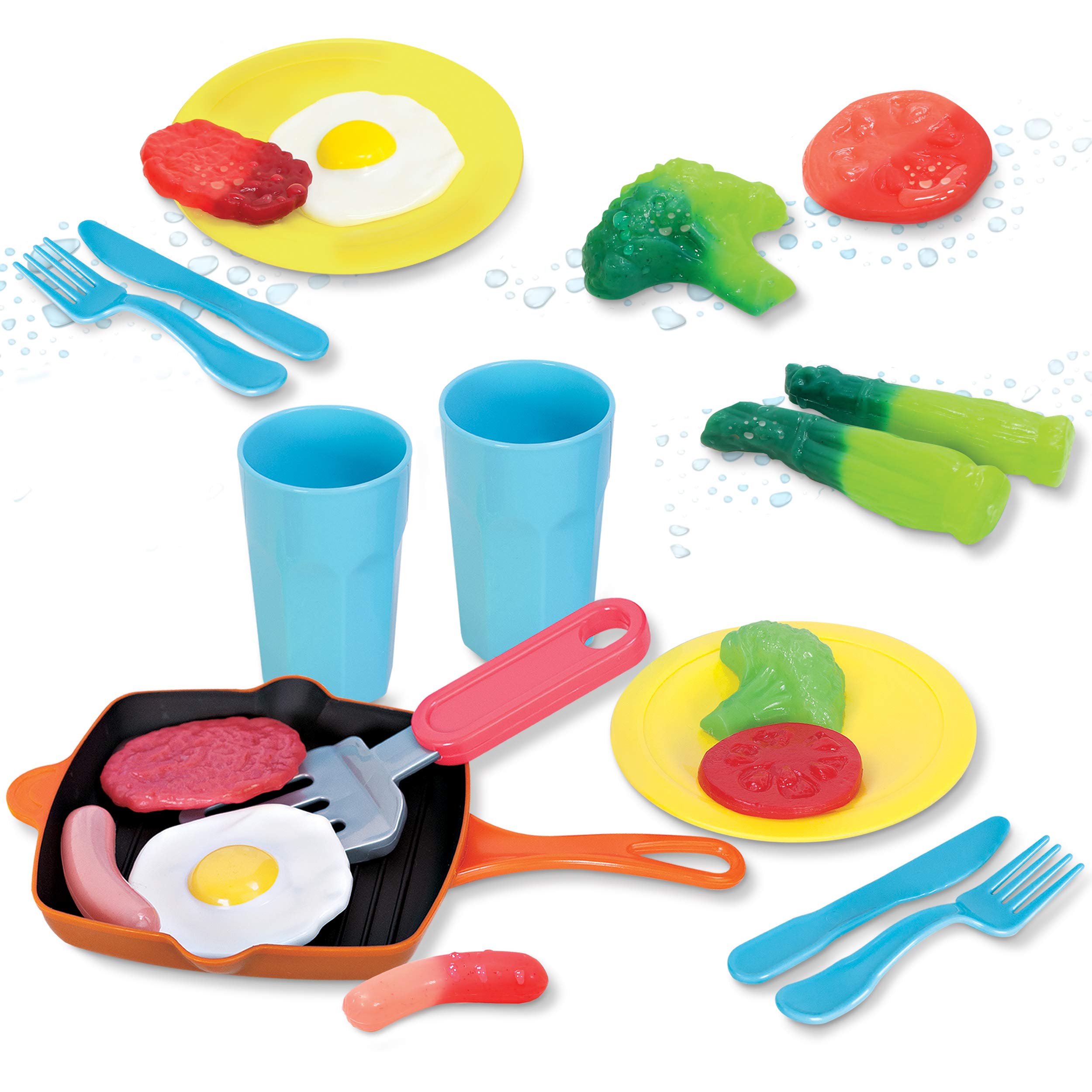 Kidzlane Kitchen Play Food and Dishes Set - 22 Piece Water Activated Color Changing Pretend Food Toy Set for Toddlers and Kids - Dinner Plastic Food Set