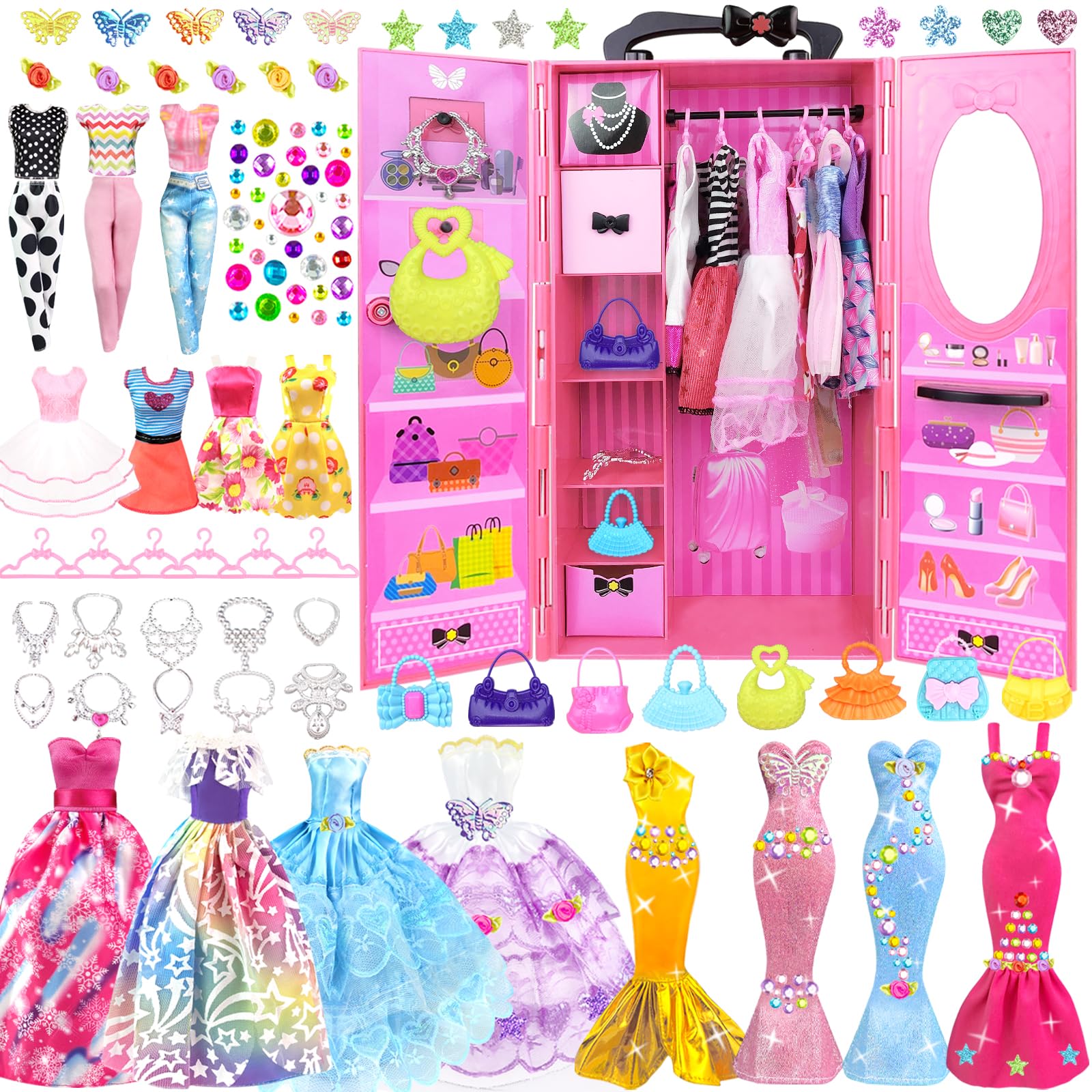 75PCS Doll Clothes and Accessories with Closet for 11.5 Inch Doll - Fashion Design Set Including Wedding Dress Fashion Dresses Outfits Tops and Pants Hangers Bags for Girls — image 1