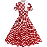 50s Style Dresses for Women Vintage Polka Dot Short Sleeve Tie Neck Swing Dress Midi Prom Retro 1950s Dress