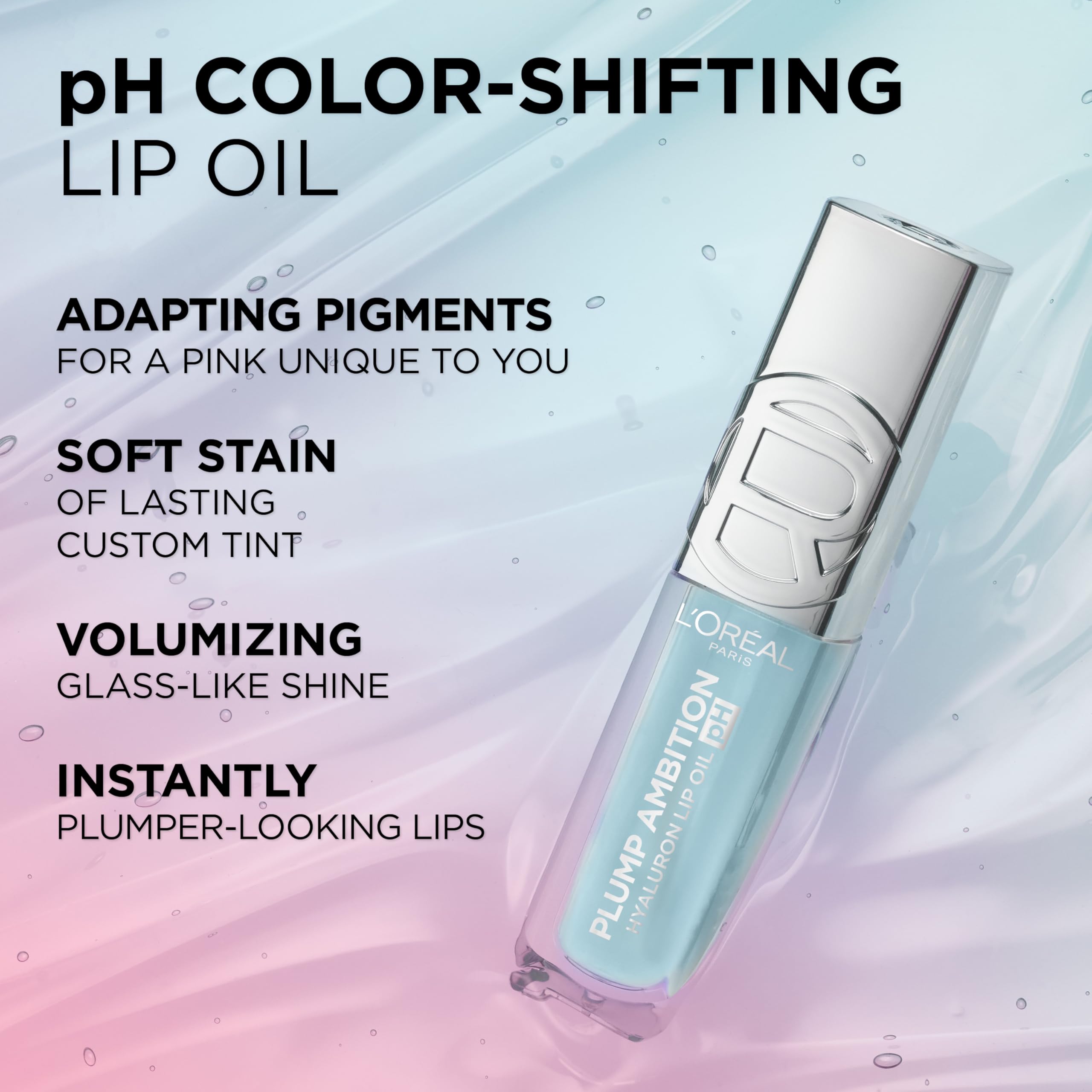 L'Oreal Paris Plump Ambition pH Hyaluron Lip Oil, Color Shifting Lip Tint with 24HR Hydration, Volumizing Shine and Lasting Color, 020 pH Rosé