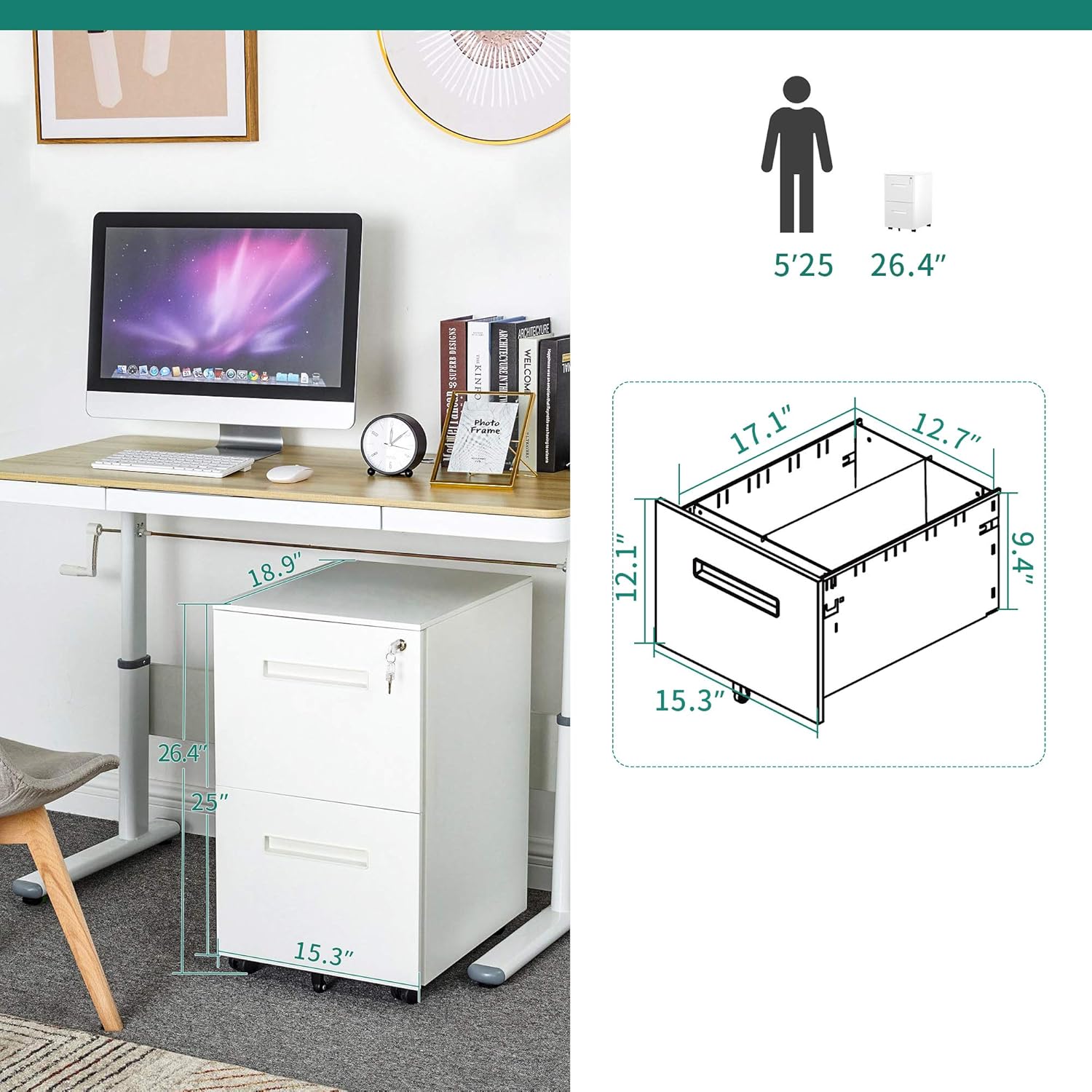 YITAHOME 2-Drawer Mobile File Cabinet with Lock, Office Storage Filing Cabinet for Legal/Letter Size, Pre-Assembled Vertical Metal File Cabinet Except Wheels Under Desk - White: Furniture & Decor