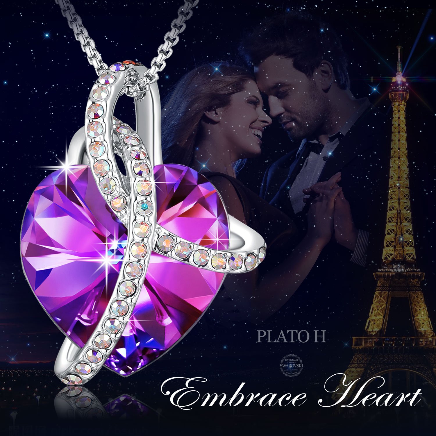 Swarovski Element Necklace Color Changing Crystal Courageous Love Heart Pendant Necklace for Women, Birthday Birthstone Jewelry Gifts for Girl, Amethyst Purple Pink, 18\