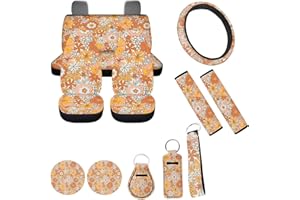 FUIBENG Vintage Daisy Groovy Flower Auto Seat Cover for Women 12 Pcs Abstract Boho Blossom Car Steering Wheel Cover Coaster Seatbelt Pad Keychains Durable Universal Fit Automotive Interior Accessory