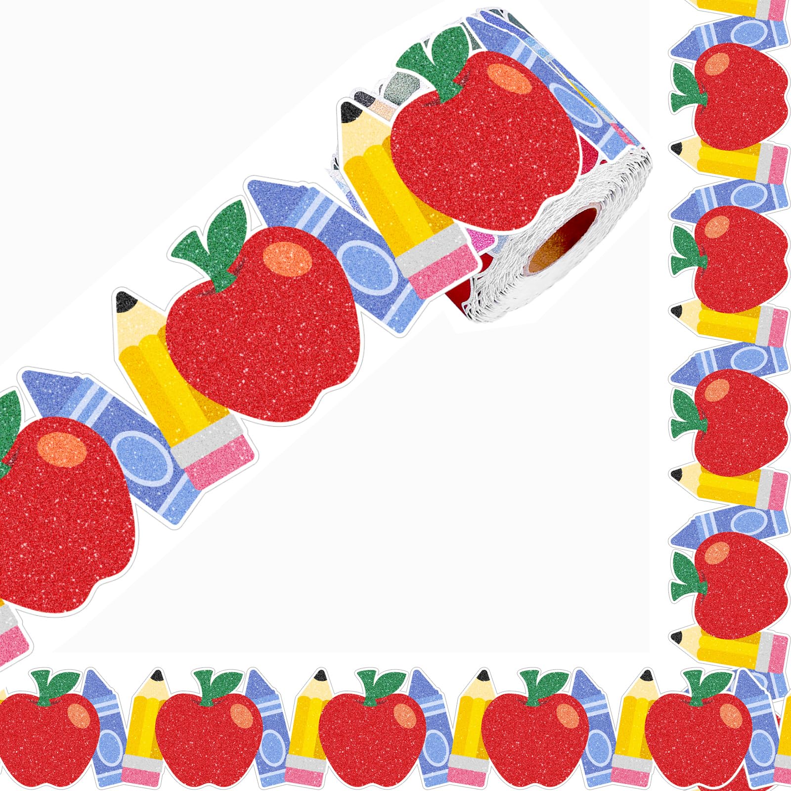 Photo 1 of 65.6Ft Bulletin Board Border, Glitter Pencil Apples Crayon Border Trim Decoration for School Classroom Chalkboard Bulletin Board Wall Window Door, Back to School First Day of School Party Supplies