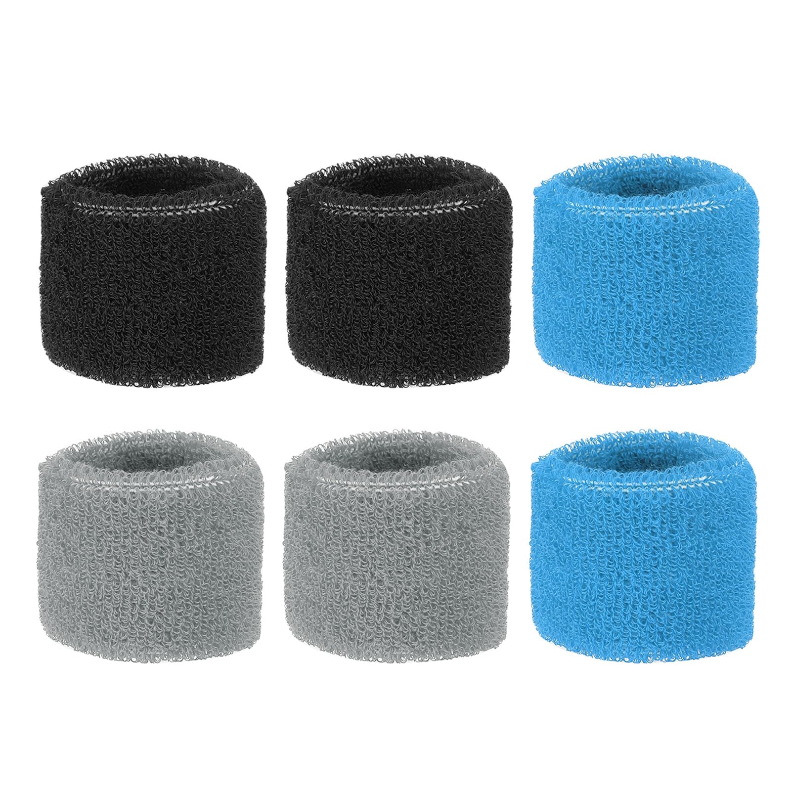 PATIKIL Sports Wristbands 8x5cm, 6 Pcs Wrist Sweatband Absorbent Cotton Terry Cloth Wrist Bands for Competitions Tennis Basketball Working Out Athletic Running, Black Grey Sky Blue