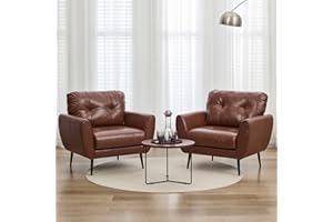 TYBOATLE Accent Chairs Set of 2, Comfy Modern Living Room Brown Leather Reading Accent Chairs Tufted Mid Century Arm Chair Small Salon Chair for Office Bedroom (2, Brown)