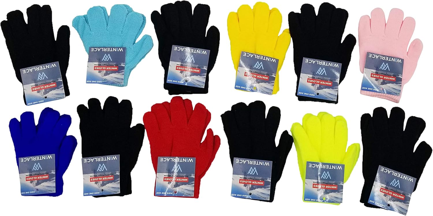 Kids Winter Magic Gloves, 12 Pairs Warm, Cute, Colorful, Stretchy Wholesale for Boys Girls, Children: Clothing