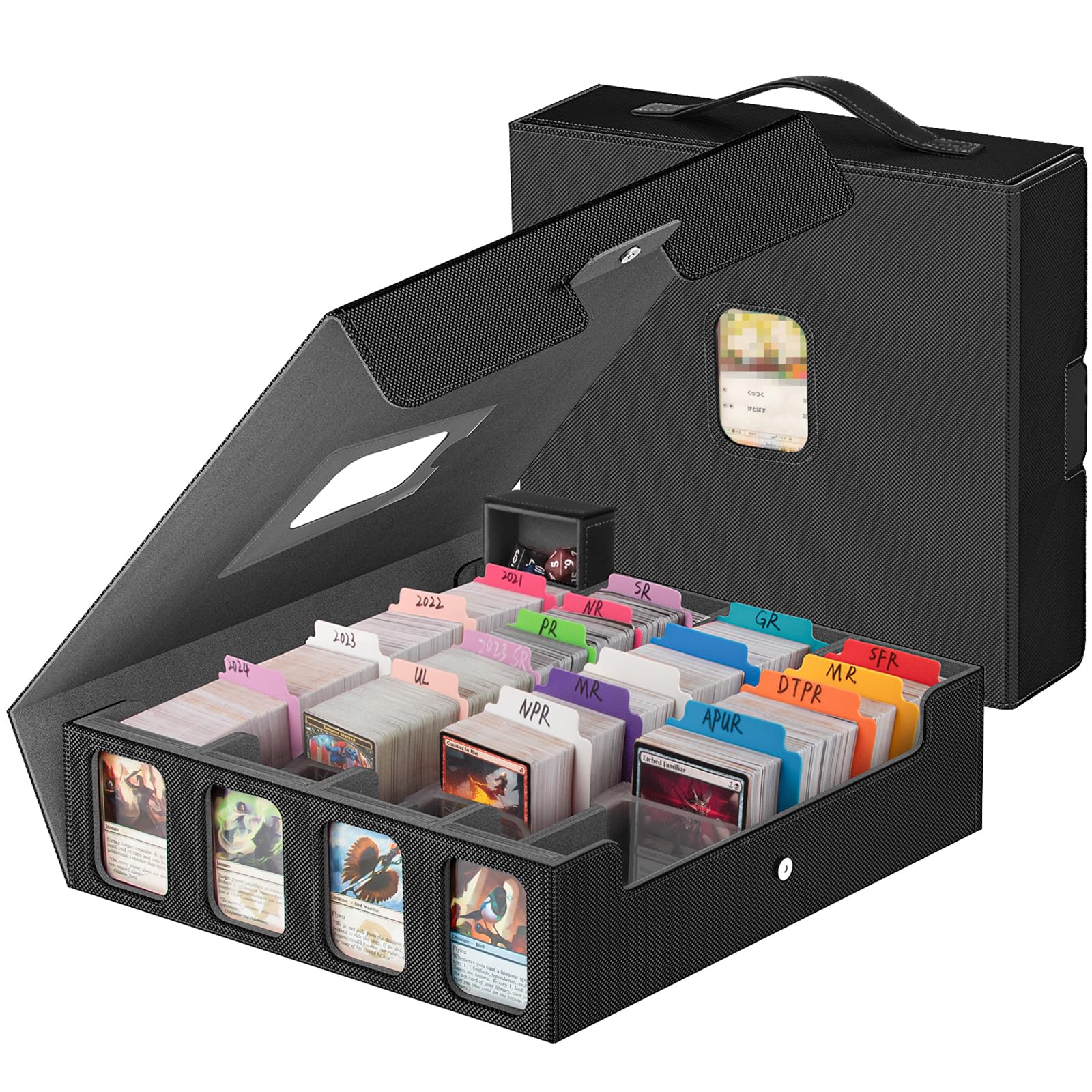 3200+ Trading Card Storage Box with Commander Display, 4 Row Card Deck Box with Portable Handle, Compatible for TCG/MTG/Magic Cards, 30 Colorful Divider, 8 Supporters, US Design Patent (Black&Grey)