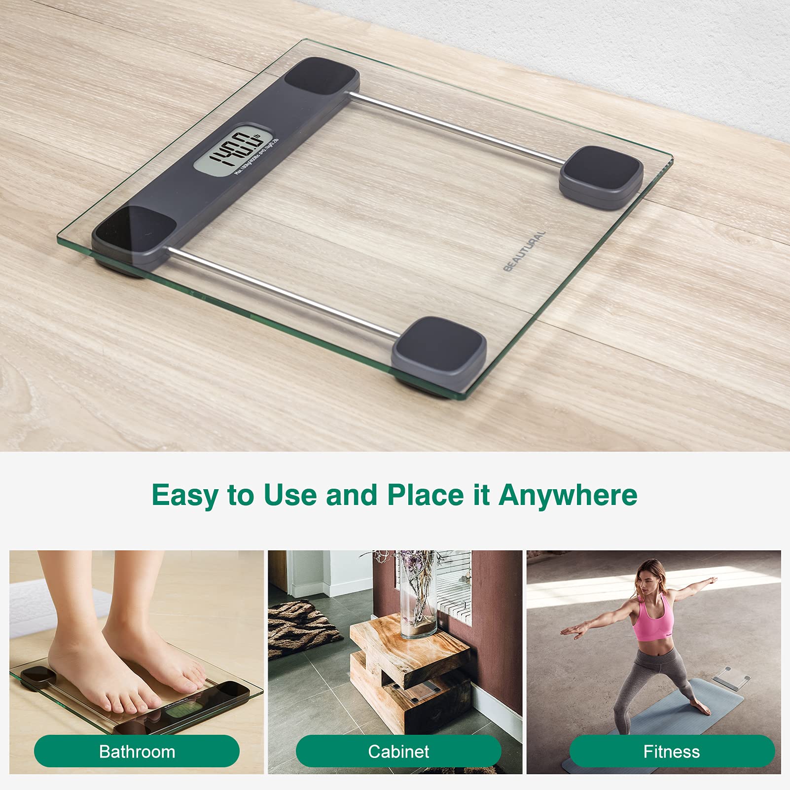 BEAUTURAL Digital Bathroom Scale for Body Weight, LCD Display, 400lb, 4 ...