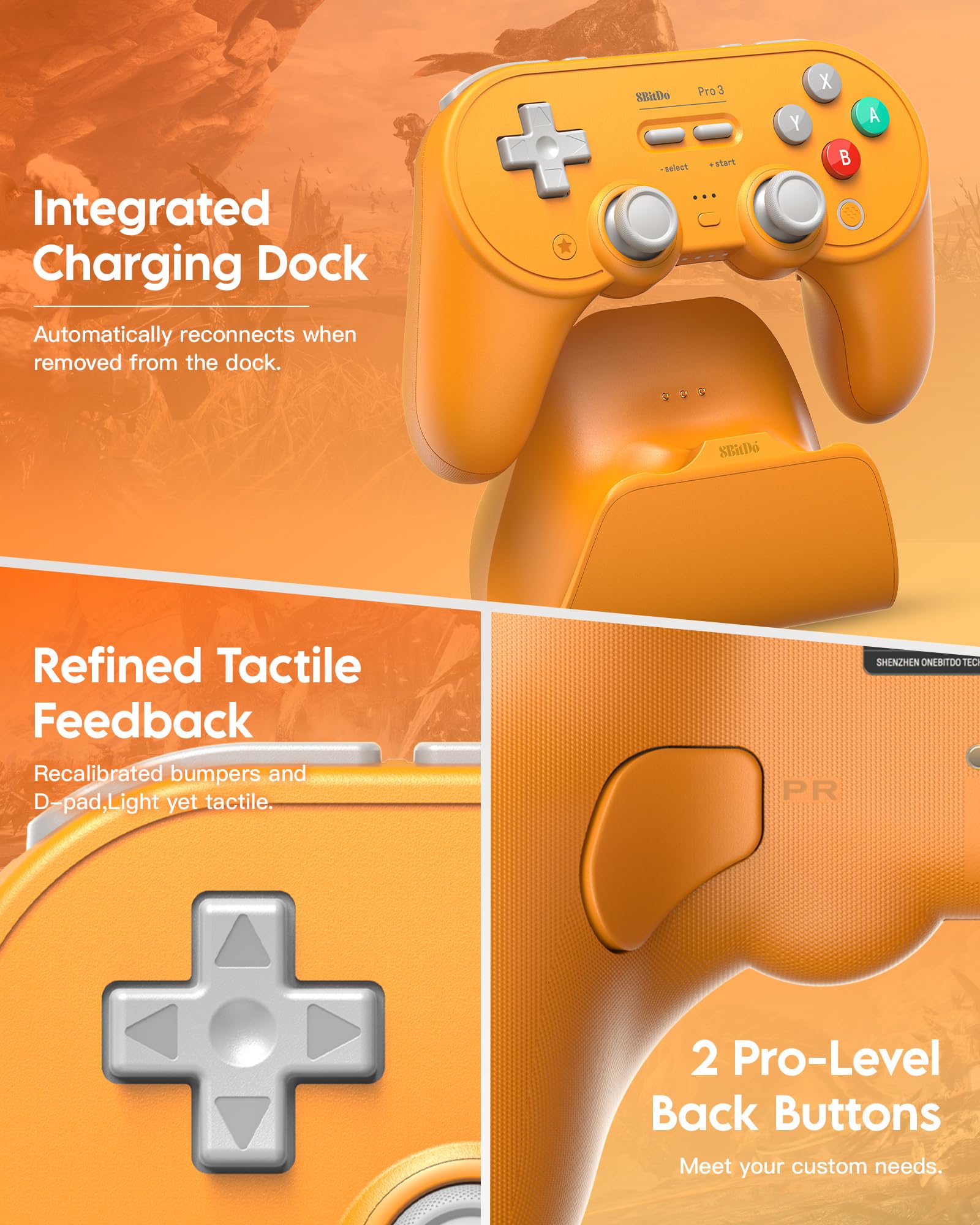 8Bitdo Pro 3 Bluetooth Controller for Switch/Switch 2 - TMR Joysticks, Swappable ABXY Buttons, Pro Back Buttons, Charging Dock, Hall Effect Triggers, Windows/Apple/Android（Yellow）
