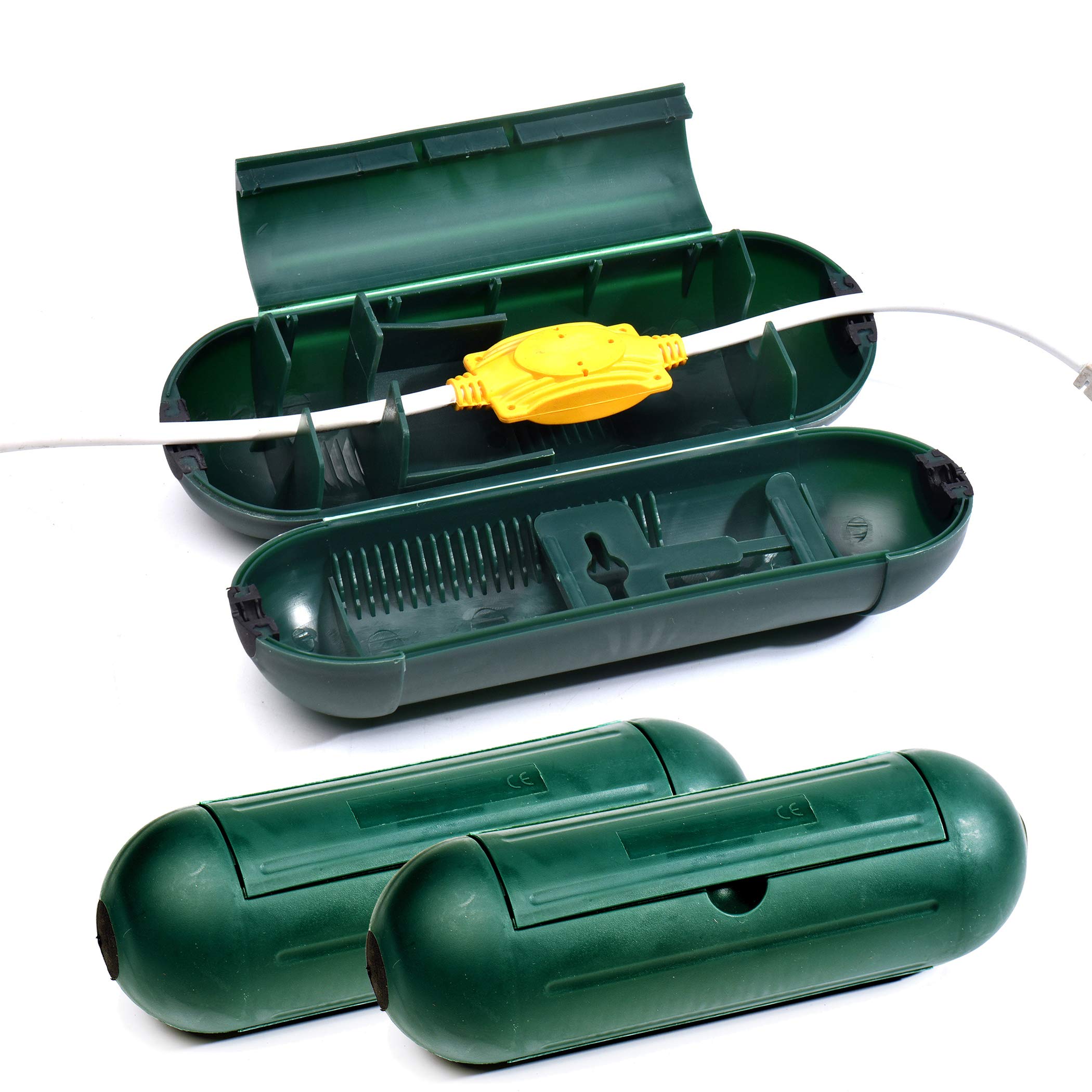 Photo 1 of (3-Pack) Outdoor Extension Cord Protective Cover Set for AWG12/14/16 Cords | Water-Resistant Holder for Holiday String Lights, Plugs and Wires | Capsule Shaped Protector with Large Compartment (Green)