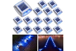 Etetale Solar Driveway Lights 16 Pack, Solar Powered IP68 Waterproof Dock Lights, 4 LED Driveway Markers Deck Light for Dock, Pathway, Walkway, Sidewalk, Garden, Yard, Stair, Marine Use (Blue)