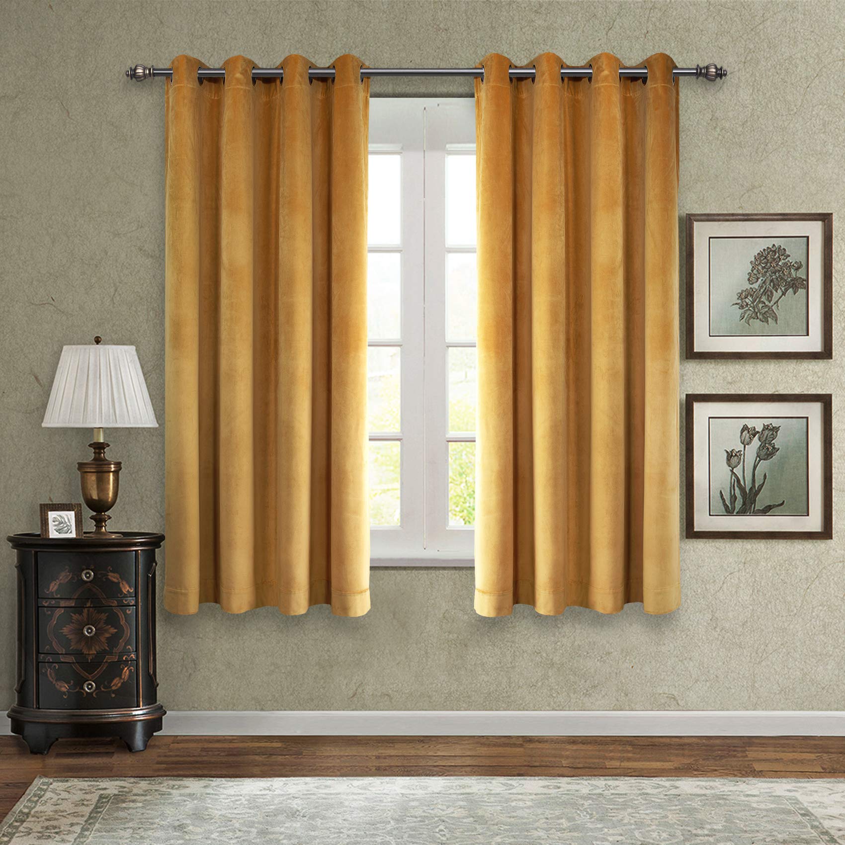 Singinglory Blackout Curtains Velvet Curtains Pencil Pleat 2 Panels with 2 Tiebacks Thermal Eyelet Curtain for Bedroom & Living Room Yellow 66"x72"