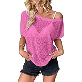 Hilinker Women's Sheer Off The Shoulder Tops See Through Sexy Short Sleeve Mesh Shirt Summer