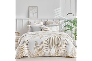 Lekesky Queen Duvet Cover Set, White and Gold Tropical Palm Leaf Pattern Comforter Cover Queen Size, 3 Pieces Soft Microfiber Bedding Sets with Zipper & 2 Pillowcases, Comforter Not Included