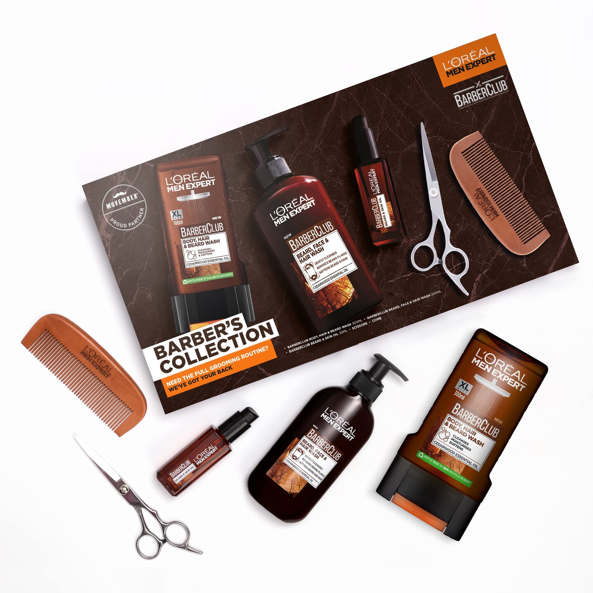 L’Oreal Men Expert BarberClub Barber’s Collection Gift Set, Men’s Beard Grooming Gift For Him Featuring: Shower Gel [300ml], Beard, Face & Hair Wash [200ml], Beard & Skin Oil [30ml], Comb & Scissors