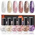 modelones Nail Polish Set 6 Colors Red Nude Gold Glitter Min Nail Polish Set Quick Dry Diamond Silver Sparkle Winter Nail Polish Manicure DIY Nail Art Salon Home Gift for Women Girl