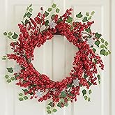 Hometrance Red Berry Christmas Wreaths for Front Door 20 Inches, Xmas Winter Wreath with Snowflakes for Window Outdoor Outside, Artificial Holiday Farmhouse Modern Wreath for Indoor Decor